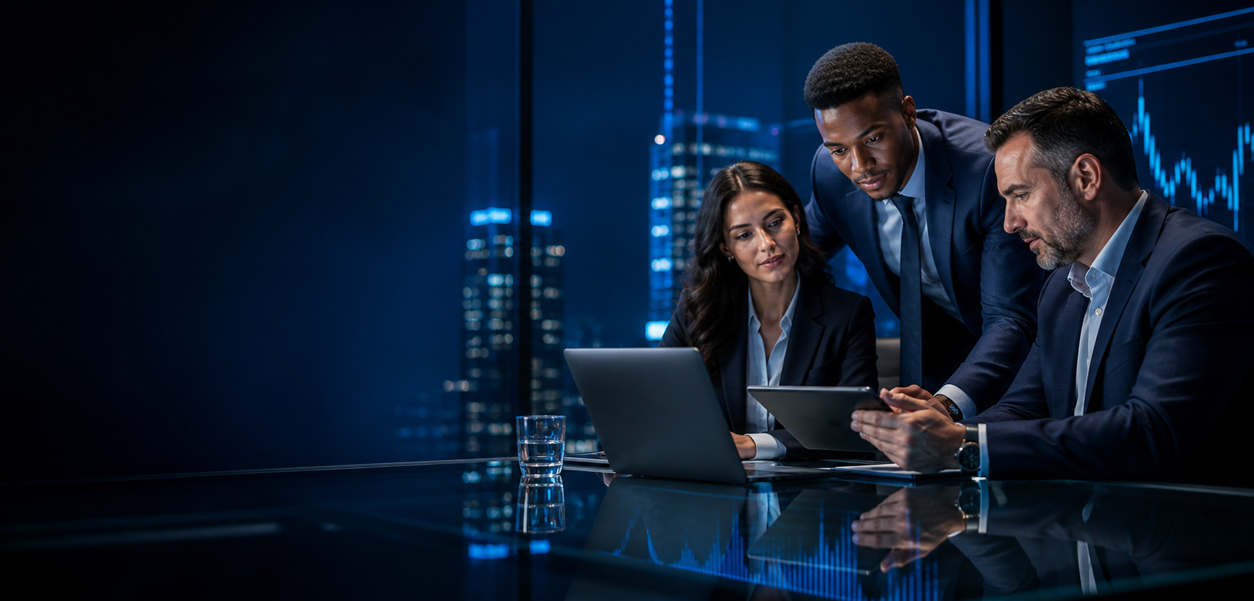 Business professionals reviewing a market chart together